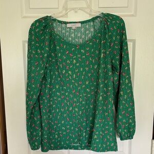 LOFT Green Floral Peasant Blouse with Puff Sleeves